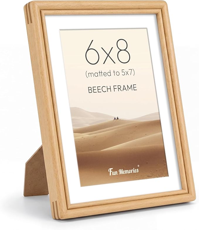 6x8 Picture Frame with Mat for 5x7, USA-Sourced Natural Beech Wood Handcrafted Rounded Corner with HD Tempered Glass, 6 x 8 Photo Frames Gallery Wall & Tabletop, Vertical or Horizontal Display