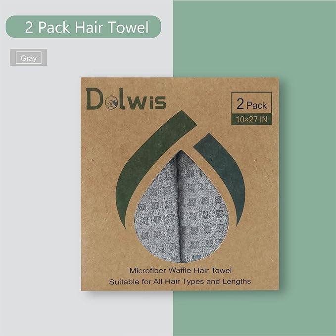 Dolwis Microfiber Hair Drying Towel - 2Packs Waffle Long Hair Head Turban Wraps Terry Cloth Fast Absorbent Dry Anti Frizz Twist Plopping Curly Shower Turban for Women Wet Hair (Gray)