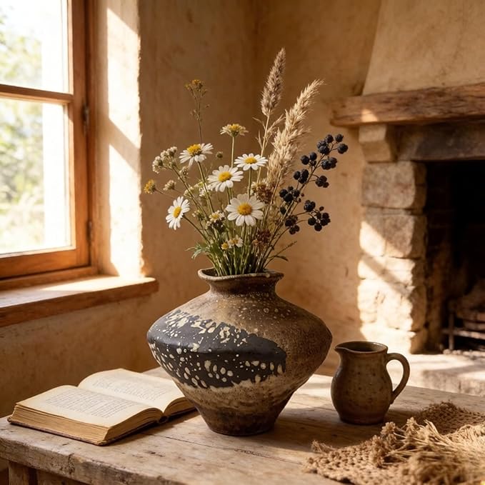 Rusty Vase,Rustic Ceramic Vase,Farmhouse Antique Pottery Vases,Wabi Sabi Decorative Vases for Living Room Decor,Centerpieces,Bedroom, Bathroom (Short)
