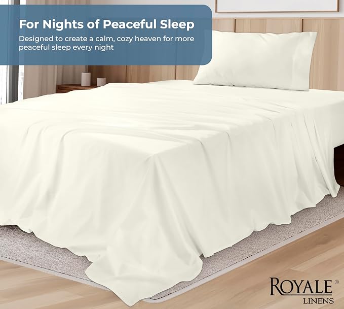 ROYALE LINENS 100% Organic Cotton Twin Sheet Set - Percale Weave - 3 Pieces Set - 1 Flat, 1 Deep Pocket Fitted Sheet and 1 Pillowcases - Ivory Bed Sheets - Sábanas Twin - Crisp Cool (Ivory)