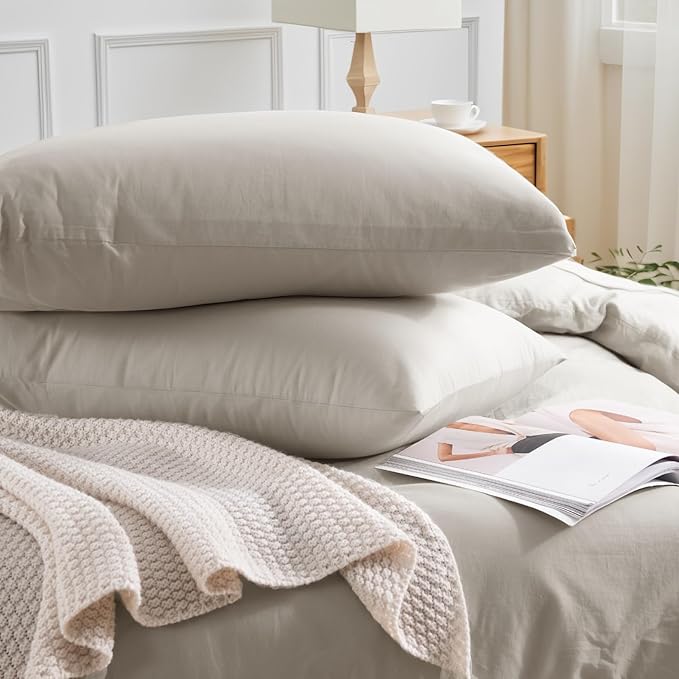 NEXHOME PRO Duvet Cover Full Size, 100% Washed Cotton Orgnic Linen Like Textured Breathable Durable Comfy, Cream Grey