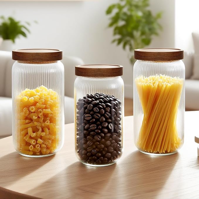 800ml/27.05Oz Large Glass Food Storage Containers with Wood Lids- Airtight Stacable Glass Jars - Spaghetti Storage Jar - Clear Kitchen Canisters for Coffee,Flour,Pasta,Cereal
