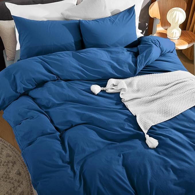 NEXHOME PRO Duvet Cover Set 100% Washed Cotton California Kingn 104"x98", Organic Natural Linen Look Textured 3 Pieces Bedding Set Royal Navy Klein Blue with Zipper Closure, Soft(No Comforter)