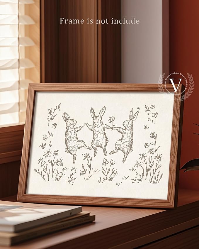 Vodefoad Bunnies Sketch Vintage Wall Art Retro Nursery Dancing Bunnies Art Print Neutral Cottagecore Nursery Decor Farmhouse Rustic Rabbit Wall Decor for Gallery Nursery Bedroom Bathroom Office - 8x10Inch Unframe