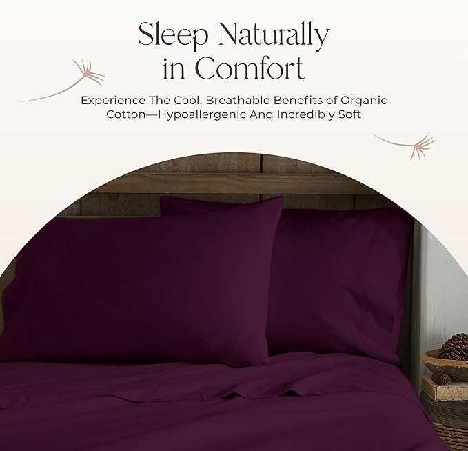 100% Organic Flannel Sheets Twin Size - GOTS Certified 100% Cotton Flannel Sheets Set with Comfortable Soft Brushed Finish & Deep Pocket - 1 Flat 1 Fitted & 1 Pillowcase (Aubergine, Twin)