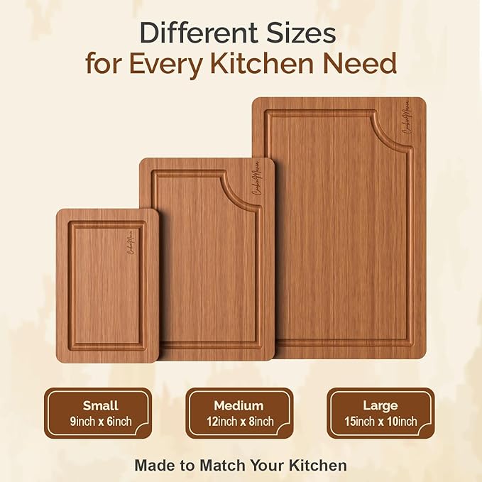 Bamboo Cutting Board Set of 3 for Kitchen – Wooden Chopping Boards with Juice Grooves & Built-In Handles, Durable Food-Safe Bamboo Boards for Meat, Vegetables & Fruits