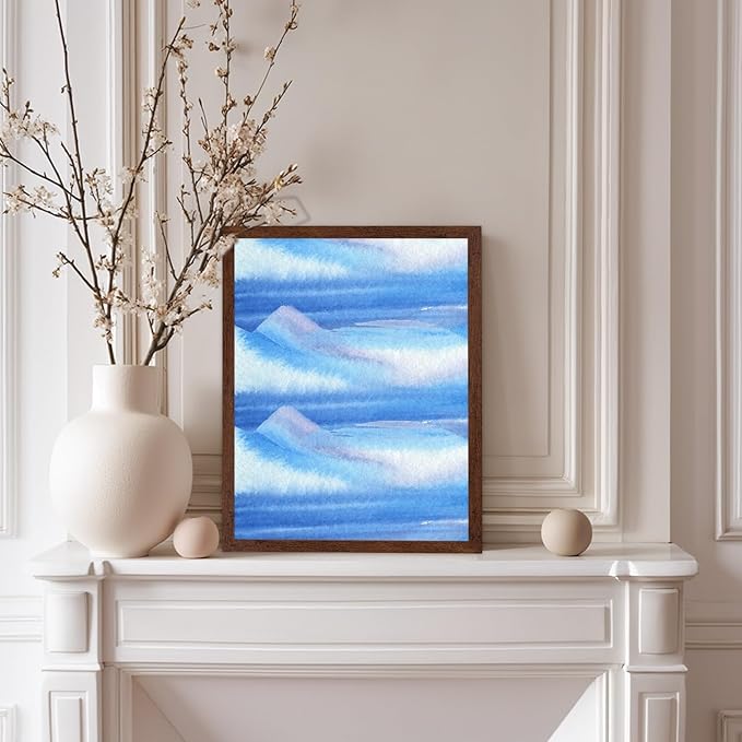 Monem Art Blue Watercolor Abstract Landscape Print - Minimalist Ocean Horizon Art Poster - Wall Decor for Living Room, Bedroom or Office - 8x10 Brown Framed Wall Art by Rs Lab Studio