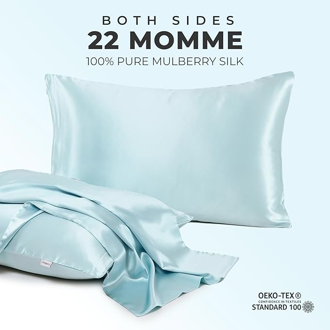 100% Pure Mulberry Silk Pillowcase for Hair and Skin, 6A Grade 22 Momme Silk Pillow Cases with Zipper, Soft Cooling Washable Both Sided Silk Pillow Cover (Aqua Blue, Queen 20''x30'')