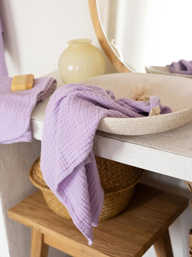 Muslin Hand Towel Pack of 4 18"x34" Inch Large Size - 100% Turkish Cotton, Thin, Soft, Quick-Dry, Lint-Free, Hand Towels (Lilac, Pack of 4 Hand Towels)