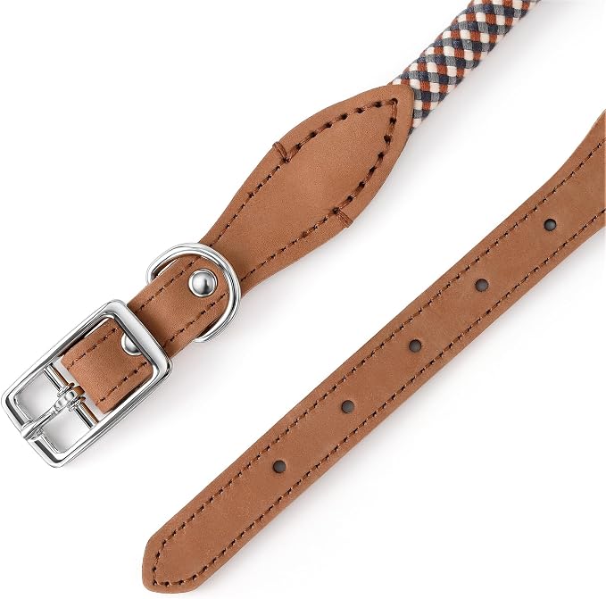Mile High Life Genuine Leather Dog Collar, Durable Braided Cotton Rope Collar with Metal Pin Buckle for Small Medium Large Dogs (Brown Plaid, S Neck 11"-15")