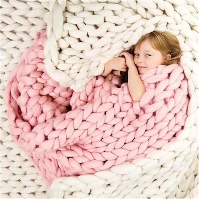 BBPM Chunky Knit Throw Blanket 100% Hand Made Large Merino Wool Loop Yarn Soft Fluffy Throws for Couch Sofa Bed Big Crochet Cozy Heavy Thick Cable Woven Blanket,Pink,120x150cm/47x59in
