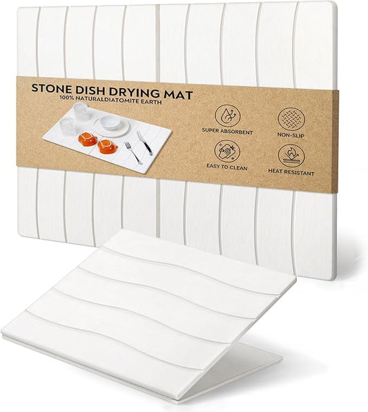 Large Stone Dish Drying Mat for Kitchen Counter ,Fast Drying Non-Slip Collapsible Dish Drying Mat ,Eco-Friendly Super Absorbent Diatomaceous Earth Mats for Dishes Bottles Cups Bathroom,24"(L)×16 (W)