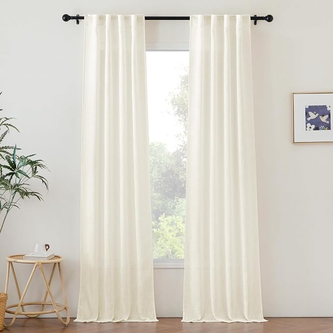 NICETOW Faux Linen Living Room Curtains 96 inch Length, Rod Pocket & Back Tab Window Treatments Semi Sheer Drapes Privacy with Light Filtering for Bedroom, Natural, 2 Panels, W34 x L96