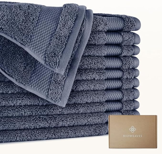 BIOWEAVES 100% Organic Cotton 700 GSM Luxury Wash Cloths GOTS Certified 13" x 13" Face Towel - Mineral, Pack of 12