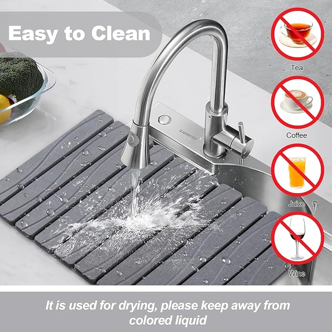 Stone Drying Mat for Kitchen Counter, 24"x16" Large Diatomaceous Earth Stone Dish Drying Mat, Fast Absorbing Foldable Quick Dry Stone Sink Mat for Dishes, Pans & Kitchen Utensils (Gray)