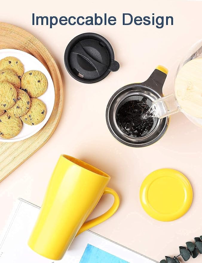 2 Pack Tea Mug with Infuser and Lid, 18oz Large Tea Cup, Matte Ceramic Coffee Mug for Dishwasher, Microwave and Oven Safe
