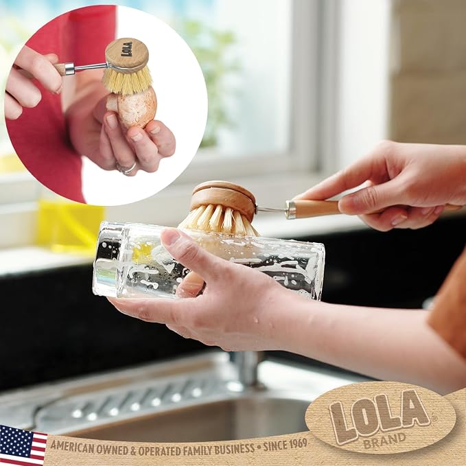 LOLA -The Original - Tampico Vegetable & Dish Brush, 2 Pack, Sustainable Wood Ergonomic Handle w/Tampico Fiber Bristles