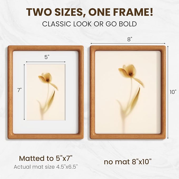8x10 Picture Frame, USA-Sourced Teak Wood Picture Frame, 8x10 Photo Frame with High Tempered Glass, 8 by 10 Wooden Frame Matted to 5x7 Photo for Wall & Tabletop Display, Teak Color, 1 Pack