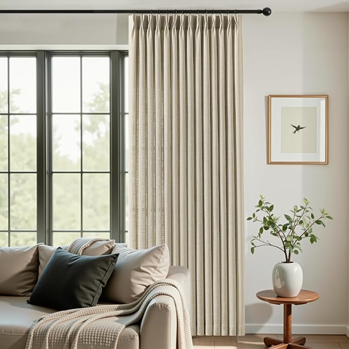 Extra Wide Pinch Pleated Curtains 90 Inches Long for Sliding Glass Door 60 Inch Wide Linen Curtain Memory Trained Pleated Drapes Hooks Rings 60x90 Curtain for Large Window, Burlywood Birch, 1 Panel
