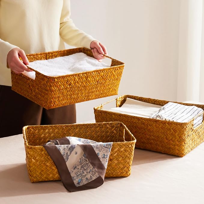Seagrass Storage Basket with Handles, Stackable Woven Baskets Bins Container for Organizing Shelves Bedroom Living Room, Set of 3, Natural