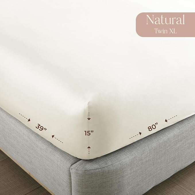 Organic Twin XL Fitted Sheet Only Deep Pocket - 100% Organic Cotton Sheets with Breathable 300 Thread Count Sateen Weave GOTS & Fairtrade Certified - Soft Fitted Bed Sheets Only (Natural, Twin XL)