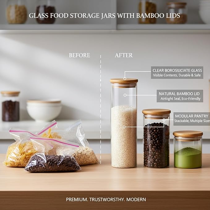 Borosilicate Glass Storage Jars with Bamboo Lids, Clear Kitchen Canisters for Pantry Organization of Dry Goods, Coffee, Tea, and Grains