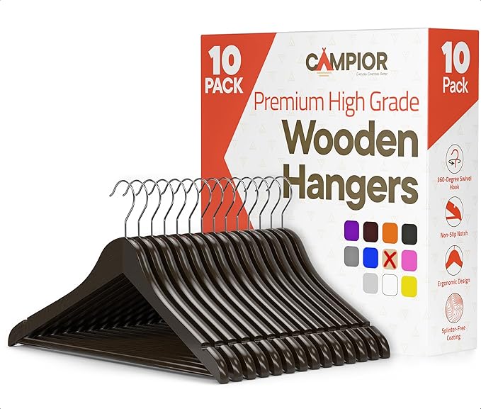 Vintage Wooden Hangers 10 Pack – Heavy-Duty with 360° Swivel Hook, Non-Slip, Pants Bar & Shoulder Grooves - Wooden Hangers for Suits, Jackets, Dresses & Camisoles, Space-Saving and Smooth Finish
