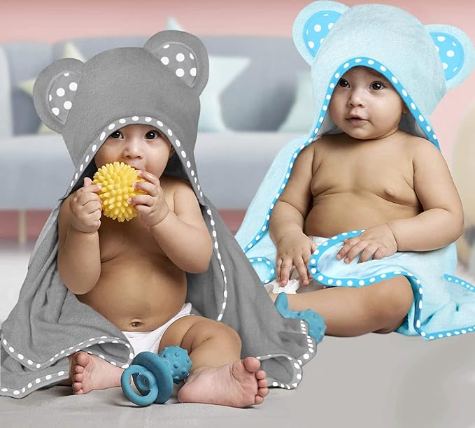 Set of 2 Hooded Baby Towels – Blue and Grey – Luxurious, Large and Super Absorbent – 35 x 35 Inch – Soft and Suitable for Infants, Toddlers and Kids – 400 GSM