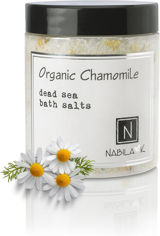 Organic Chamomile Bath Salts for Women & Men - Dead Sea Salt & Epsom Salt Calming Soak and Scrub - Organic Chamomile Buds & German Chamomile Oil, Cruelty-Free, Sulfate-Free | 8 oz | Nabila K