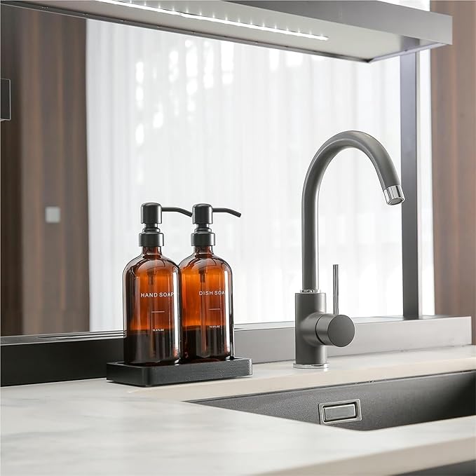 Liquid Dispenser Soap Dispenser Set Glass with Stainless Steel Pump Countertop Soap Bottle(Amber Bottle+Black Pump)