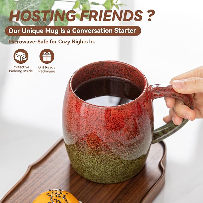 Handmade 22oz Ceramic Coffee Mug, Ergonomic Large Handle, Ideal Gift for Coffee Lovers, Microwave & Dishwasher Safe (Minute-Red&Green)