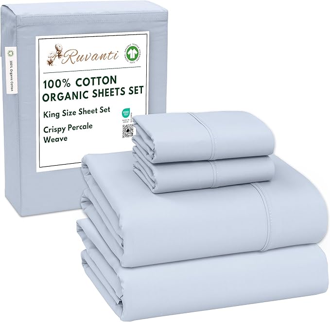 RUVANTI 100% Cotton Organic Percale Sheets King Size – Crisp Cooling Bed Sheets for Hot Sleepers, Deep Pocket 15”, Soft Peach Finish, Breathable & Durable Hotel-Style 4 Pcs, Arctic Ice