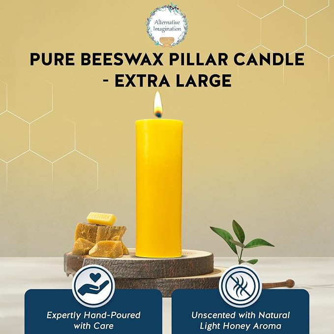 100% Pure Beeswax Candle – Long Lasting Burn – Non-Toxic & Hypoallergenic – Natural Honey Aroma – Handcrafted – Sustainably Sourced – Alternative Imagination – 3x9 Inch – Natural Yellow