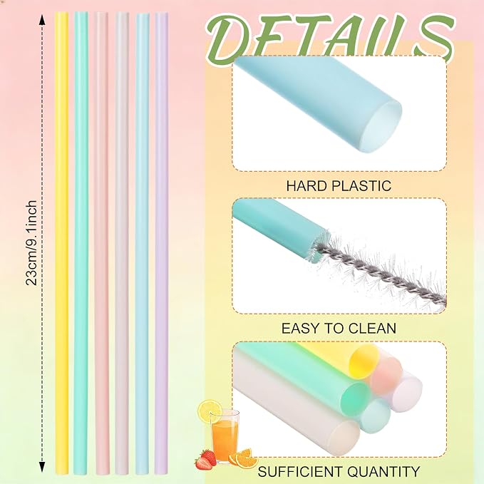 Honeydak 60 Pcs Pastel Reusable Straws 9 Inch Hard Plastic Colorful Drinking Straws for Smoothies Boba Beverage Cocktail Home Restaurant Birthday Summer Party Decoration