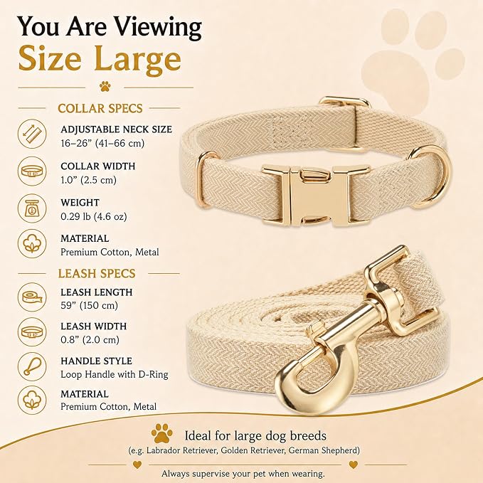 Herringbone Tweed Dog Collar and Leash Set for Large Dogs, Light Beige | Snag-free, no-rub design. Soft breathable cotton, gentle on fur. Adjustable durable matching combo for walks & outdoors.