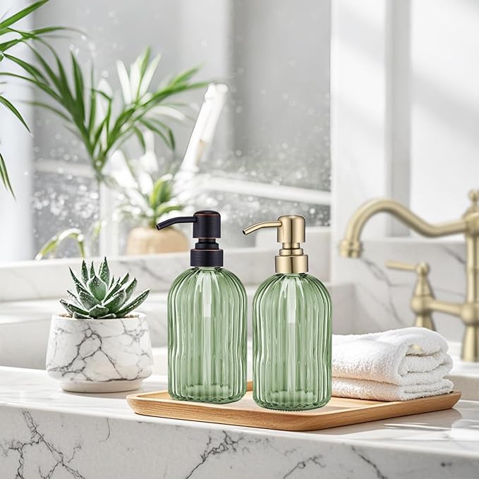 16Oz Green Glass Soap Dispenser with Rust Proof Bronze Stainless Steel Pump, Green Countertop Refillable Liquid Lotion Dispensers with Stainless Steel Pump, Oil Rubbed Bronze Soap Dispenser,2 Packs