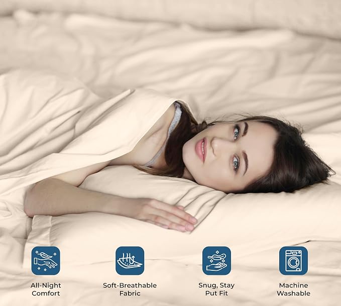 ROYALE LINENS 100% Organic Cotton Full Sheet Set - Percale Weave - 4 Pieces Set - 1 Flat, 1 Deep Pocket Fitted Sheet and 2 Pillowcases - Cream Bed Sheets - Sábanas Full - Crisp Cool (Cream)