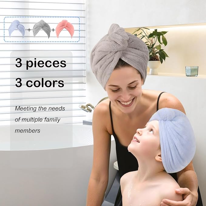 3 Packs Single Layer Microfiber Hair Drying Towel Wrap for Women, Hair Turbans Towel for Wet Hair,turbie Twist Hair Towels（Gray Color + Pink Color + Light Blue Color
