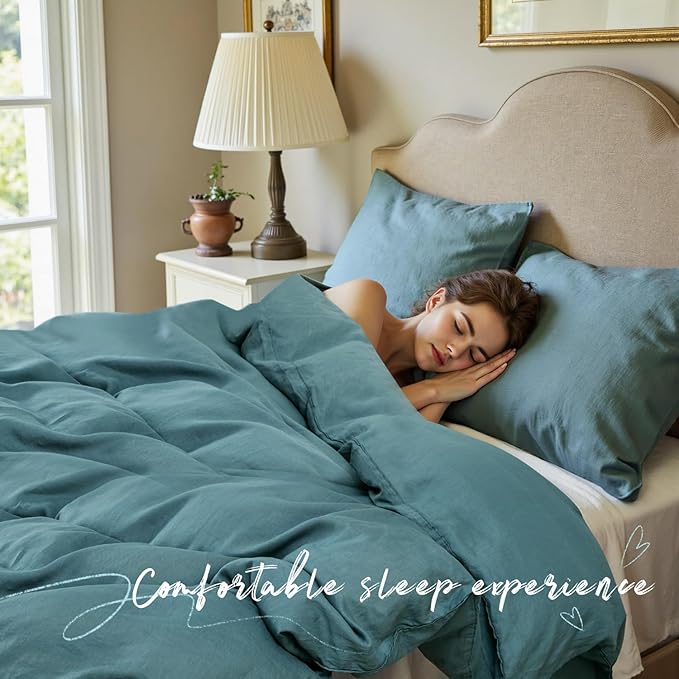 S VICTORY SYMBOL 100% Organic Linen Duvet Cover Set,Natural French Flax Bedding,1 Comforter Cover and 1 Pillowcase,2pcs Twin Size Soft Breathable Bedding Set(Stormy Blue)