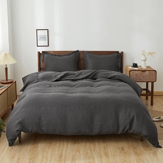 Simple&Opulence 100% Linen Duvet Cover Set, 3 PCS Natural French Flax Dark Grey Duvet Cover Queen Size, Breathable Soft Comfy Linen Bedding Comforter Cover with 2 Pillowcases(Dark Grey, 88"x92")