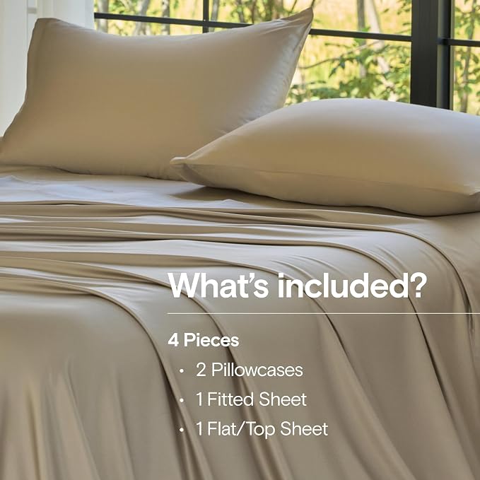 DOZ Sheet Set, 100% Viscose derived from Bamboo, Organically Grown, Buttery Soft, Cooling Sheets, High GSM, Deep Pockets - 4 Piece - 2 Pillowcases 1 Fitted Sheet 1 Top Sheet (Fog, Queen)