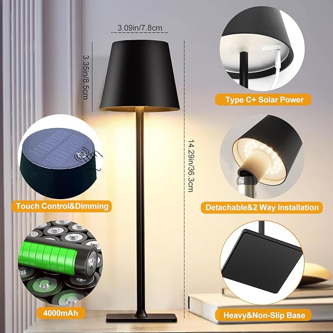 Cordless Table Lamps, Outdoor Solar LED Lamp, 4000mAh Rechargeable Bottle Lamp, Touch RGB Color Stepless Dimming Light for Bedroom, Restaurants, Patio, Camping,Bar Black