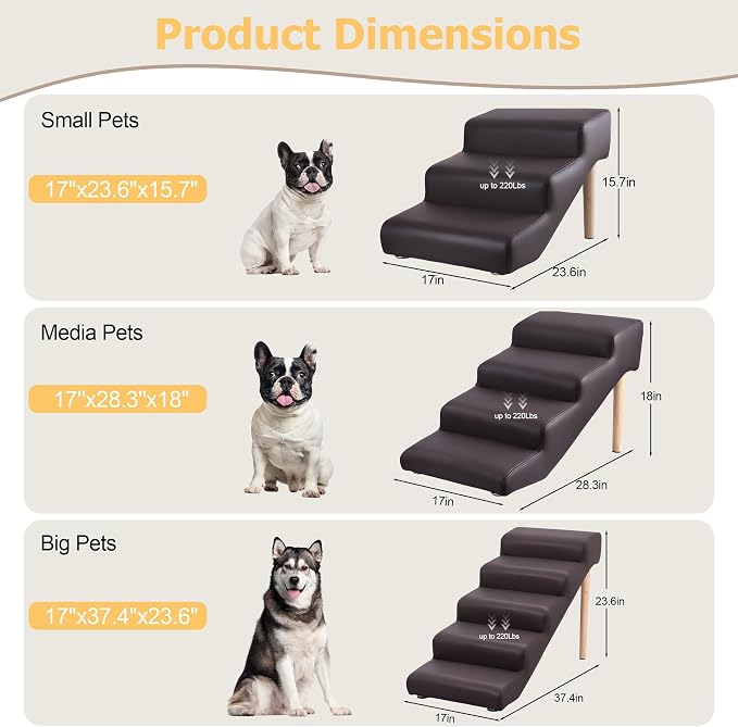 4-Step 18" H Dog Stairs for Bed Couch, Waterproof & Scratch PU Leather Pet Steps for Small Senior Dogs and Cats, Dog Ramp with 220 lbs Maximum, Oak Leg & Solid Wood, Non-Slip Feet,Brown