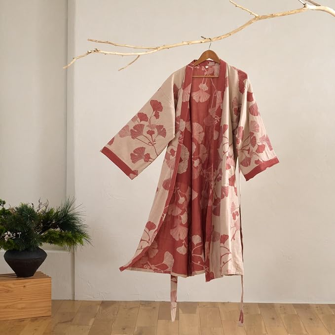 100% Cotton Gauze Ginkgo Leaf Kimono Robe, Long Knit Loose Bathrobe Nightgown Ladies Loungewear Sleepwear for Women