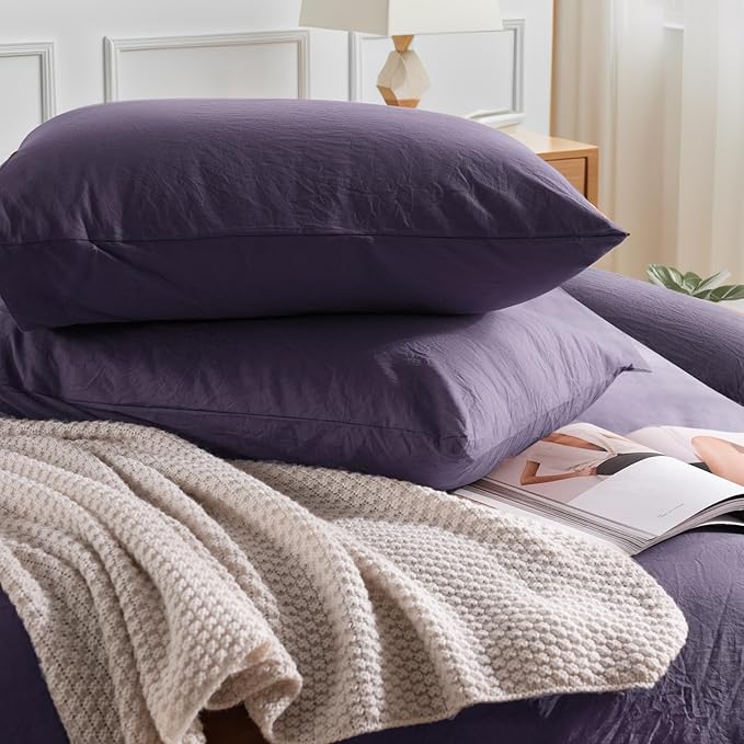 NEXHOME PRO 100% Washed Cotton Duvet Cover King Size, Ogranic Natural Linen Feel Breathable Bedding Set with Zipper Closure, 3 Pieces Duvet Cover Set Eggplant (No Comfortert) 10490