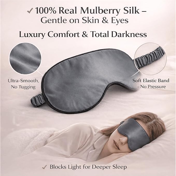 100% Mulberry Silk Sleep Mask for Women/Men Airplane Travel, Pure 22 Momme Silk Eye Mask Blackout for Sleeping, Ajustable, Luxury, Anti Wrinkle, Anti Aging Silk Blindfold, Made in USA (Slate Gray)