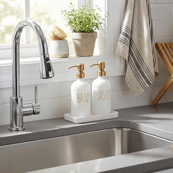 MOMEEMO Kitchen Soap Dispenser Set, Contains Dish Soap Bottle and Hand Soap Bottle with Ceramic Tray, Suitable for Kitchen Decor and Accessories. (Gold)