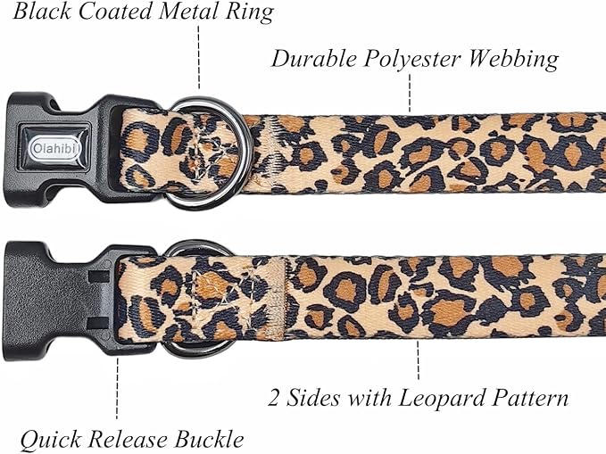 Dog Collar Leash Set, Leopard Pattern, Polyester Material, Adjustable Collar and 5ft Matching Leash, for Medium Dogs.(M, Brown Leopard)