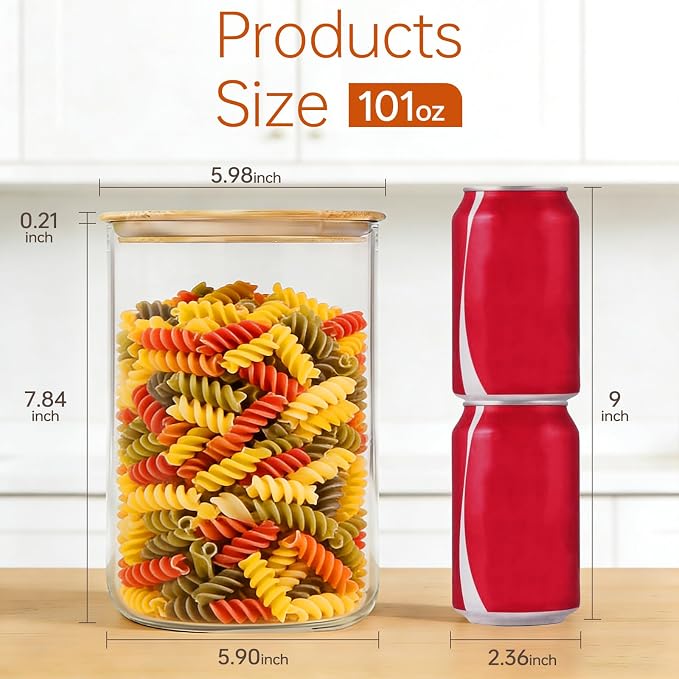 2-Pack Glass Jars with Bamboo Lids,101 fl oz Flour and Sugar Containers | Set of 2 Large Kitchen Airtight Food Storage Jars for Flour, Rice, Oats, Coffee Beans, Sugar, Candy, Cookies, Spices