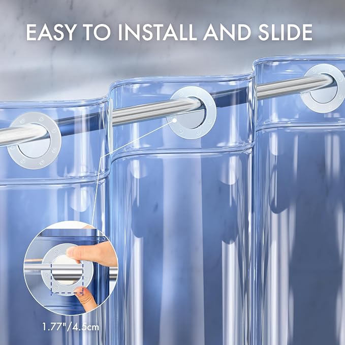 AmazerBath No Hook Shower Curtain and Liner 3-in-1, Luxury Heavy Duty Clear Blue No Hook Shower Liner, 72x75 100% EVA Hookless Shower Curtain with 3 Heavyweight Stones